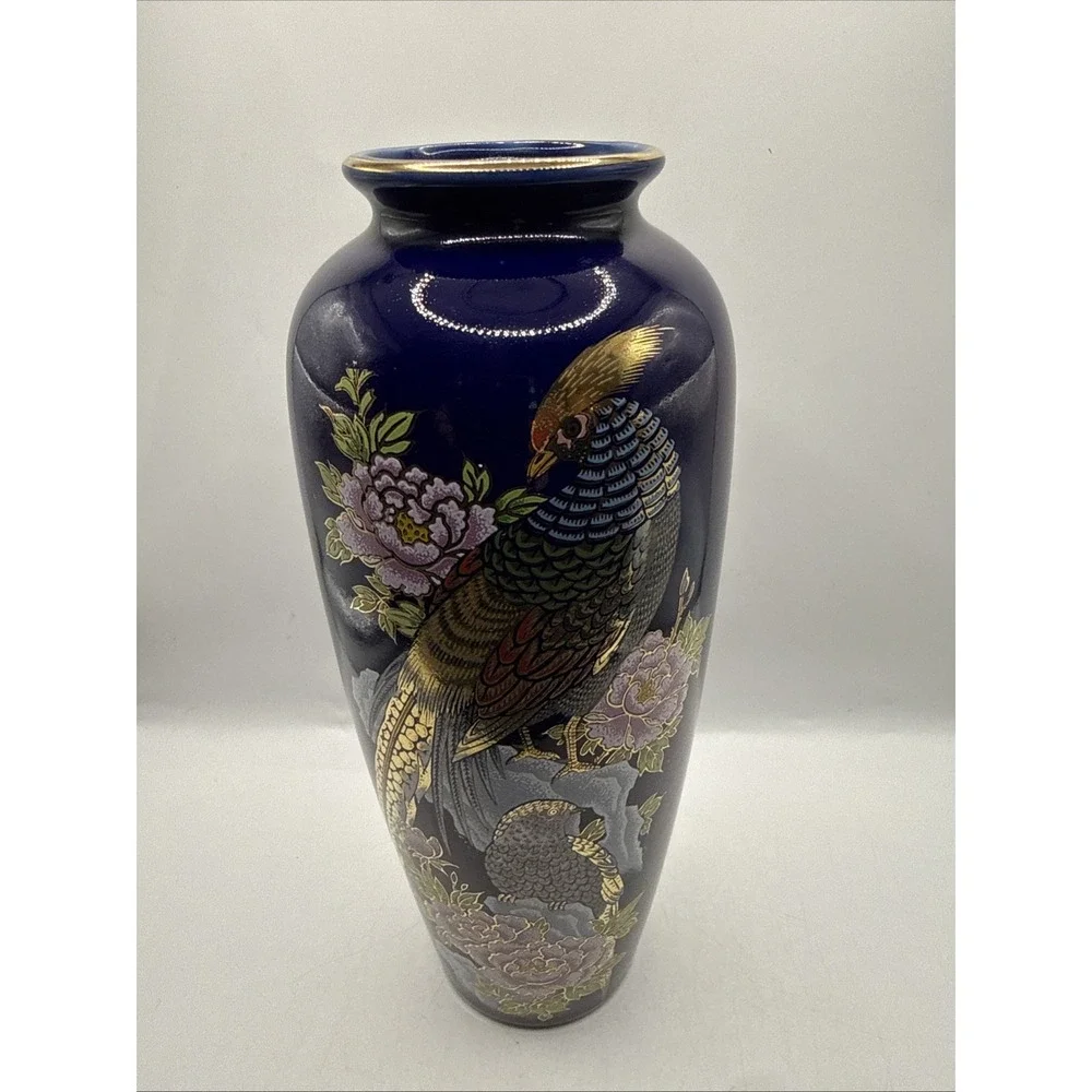 Kutani Cobalt Blue Pheasant and Flowers Vase Japanese